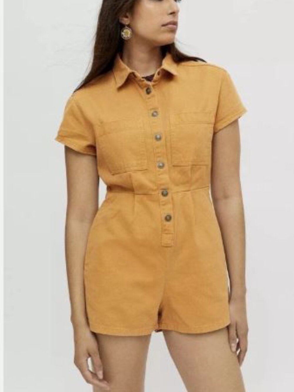 BDG Joey Short Sleeve Coverall Romper Women's Size S GOLDEN TAN Urban Outfitter